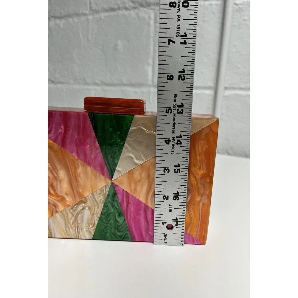 Marbled Acrylic Clutch Bag Art Deco Patchwork Evening Orange Pink Gold Chain